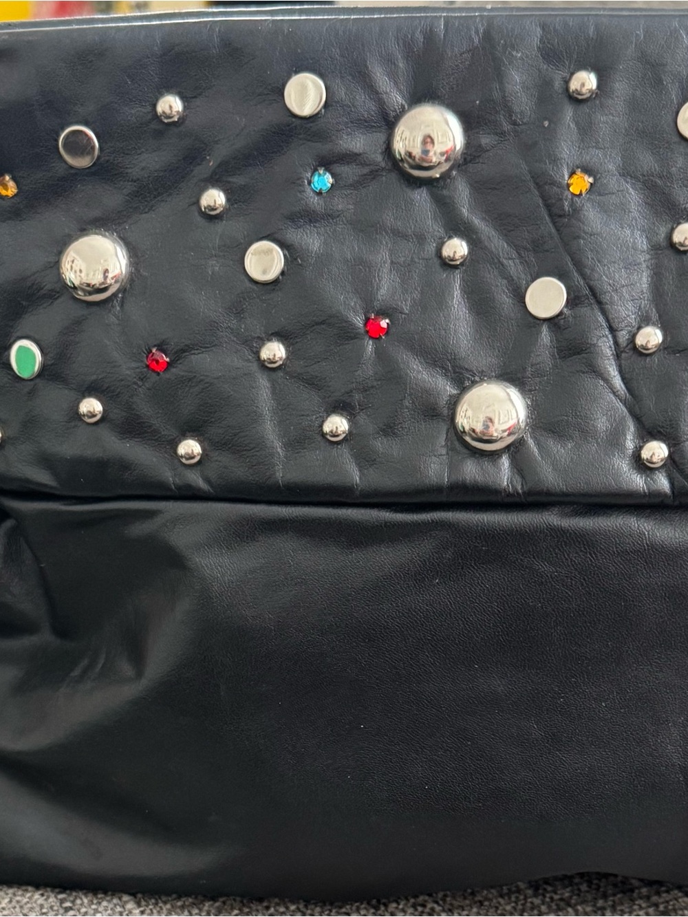 Black Studded Satchel with Multicolor Crystal Accents